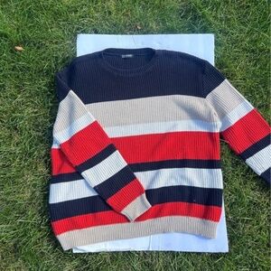 Colorblock Striped Knit Sweater | Unisex Size L | Red Navy Beige Black